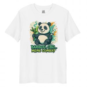 t-shirt blanc avec un panda, bambou et cbd dans les mains.